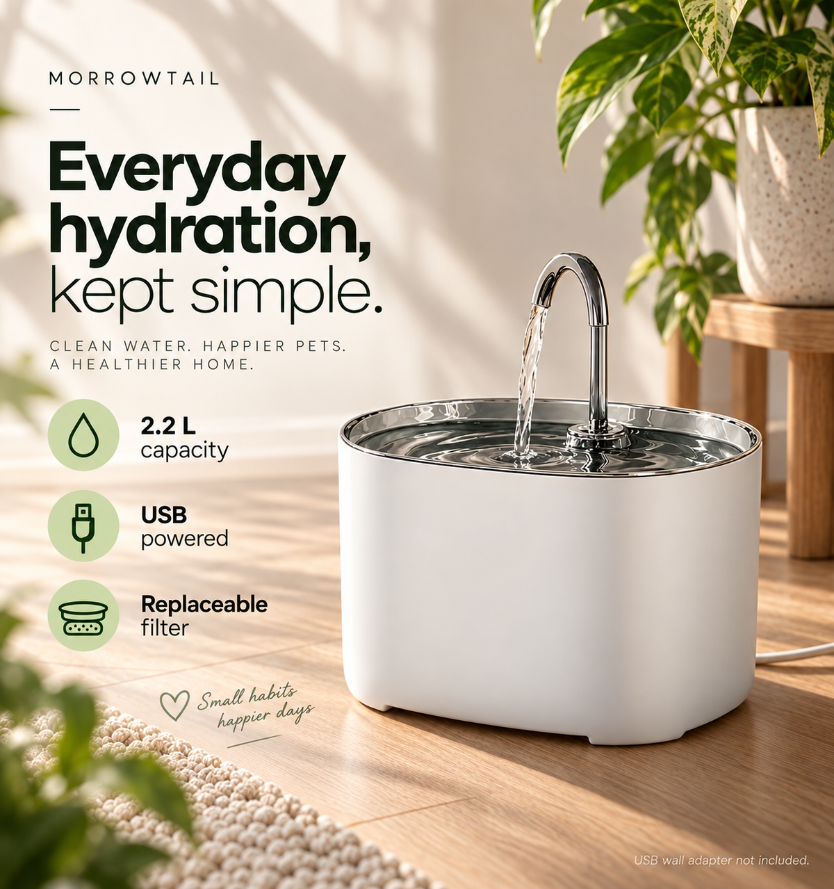 Morrowtail Stainless Steel Fountain: 2.2 L capacity, USB powered, replaceable filter