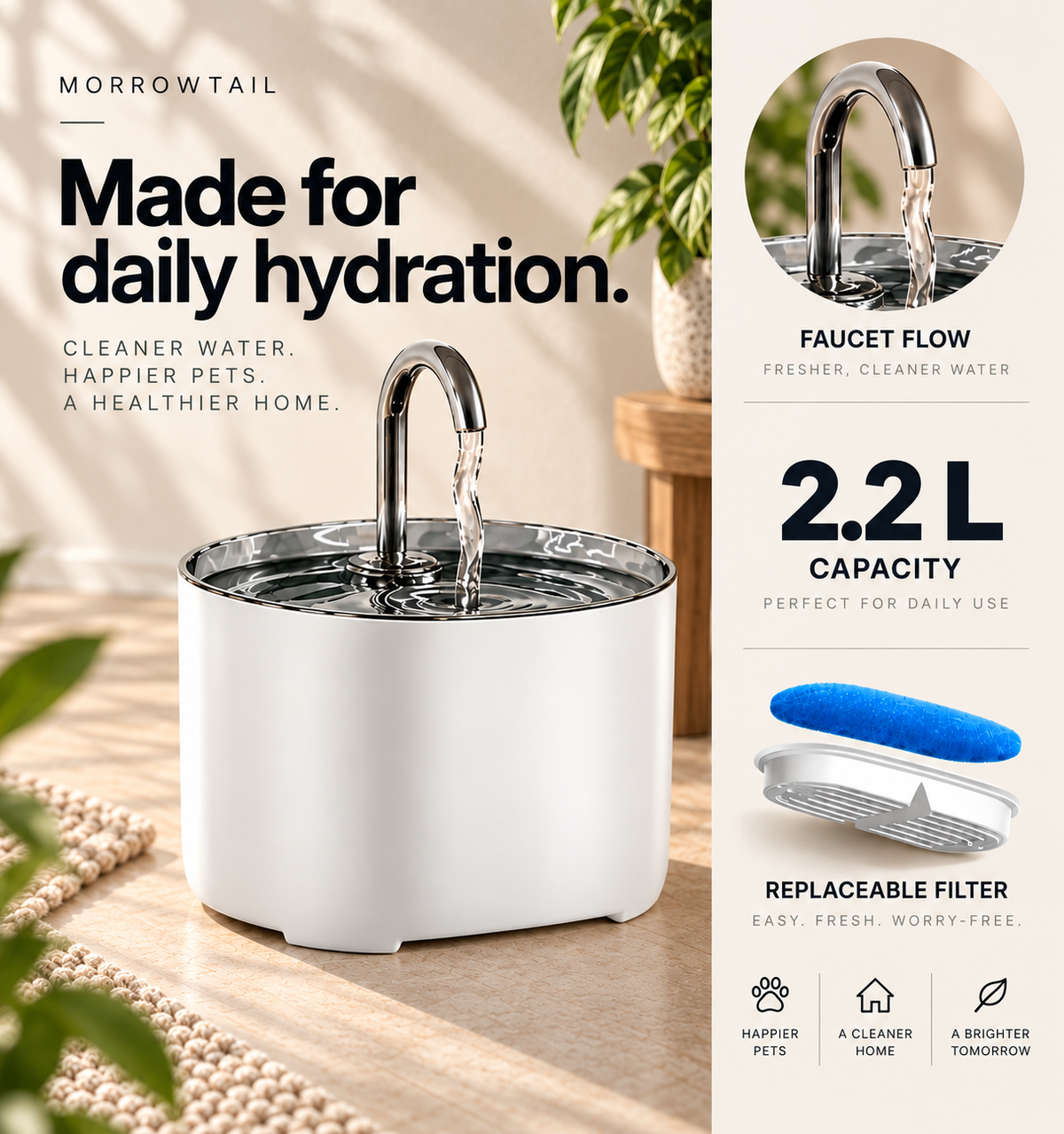 Morrowtail Stainless Steel Fountain with faucet flow, 2.2 L capacity and replaceable filter