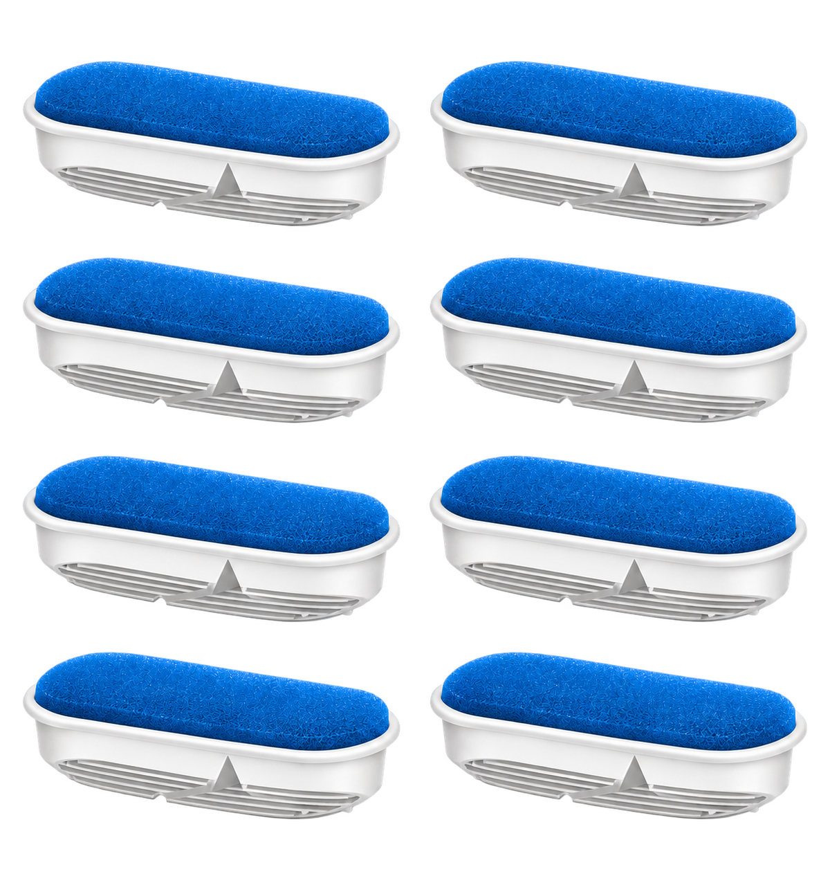Eight blue and white replacement filter elements