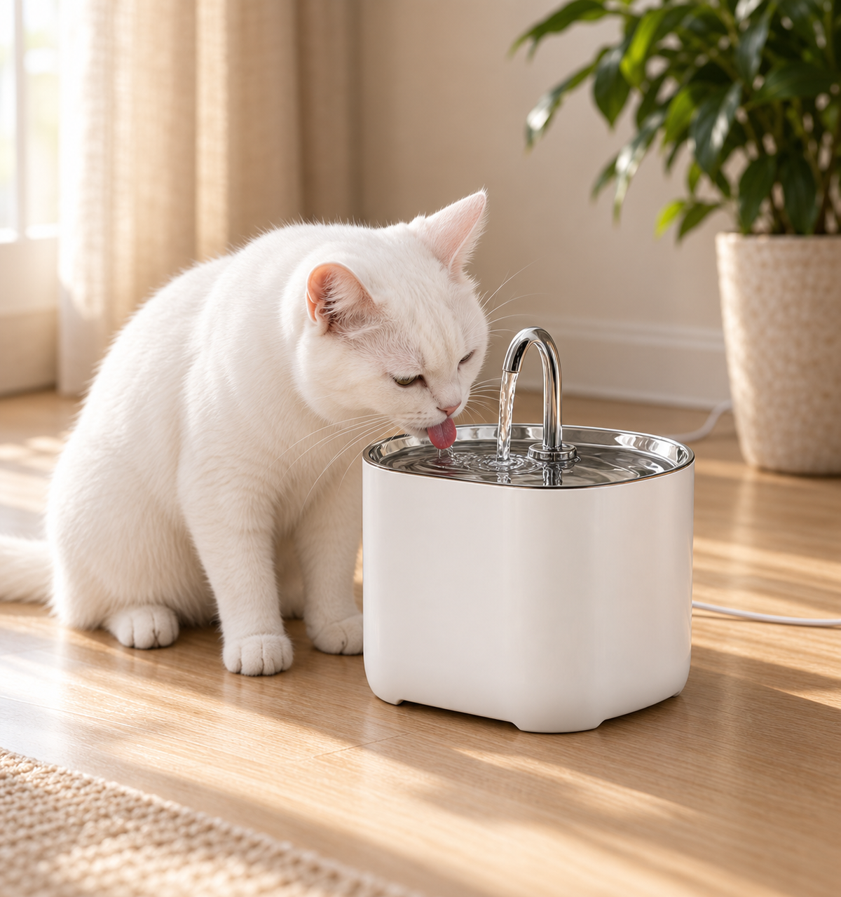 Cat drinking from the faucet fountain