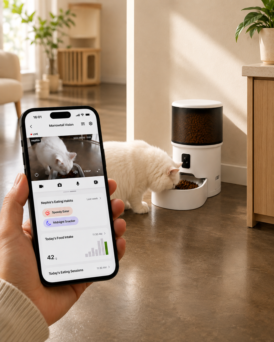 Morrowtail camera feeder with live view in a warm home
