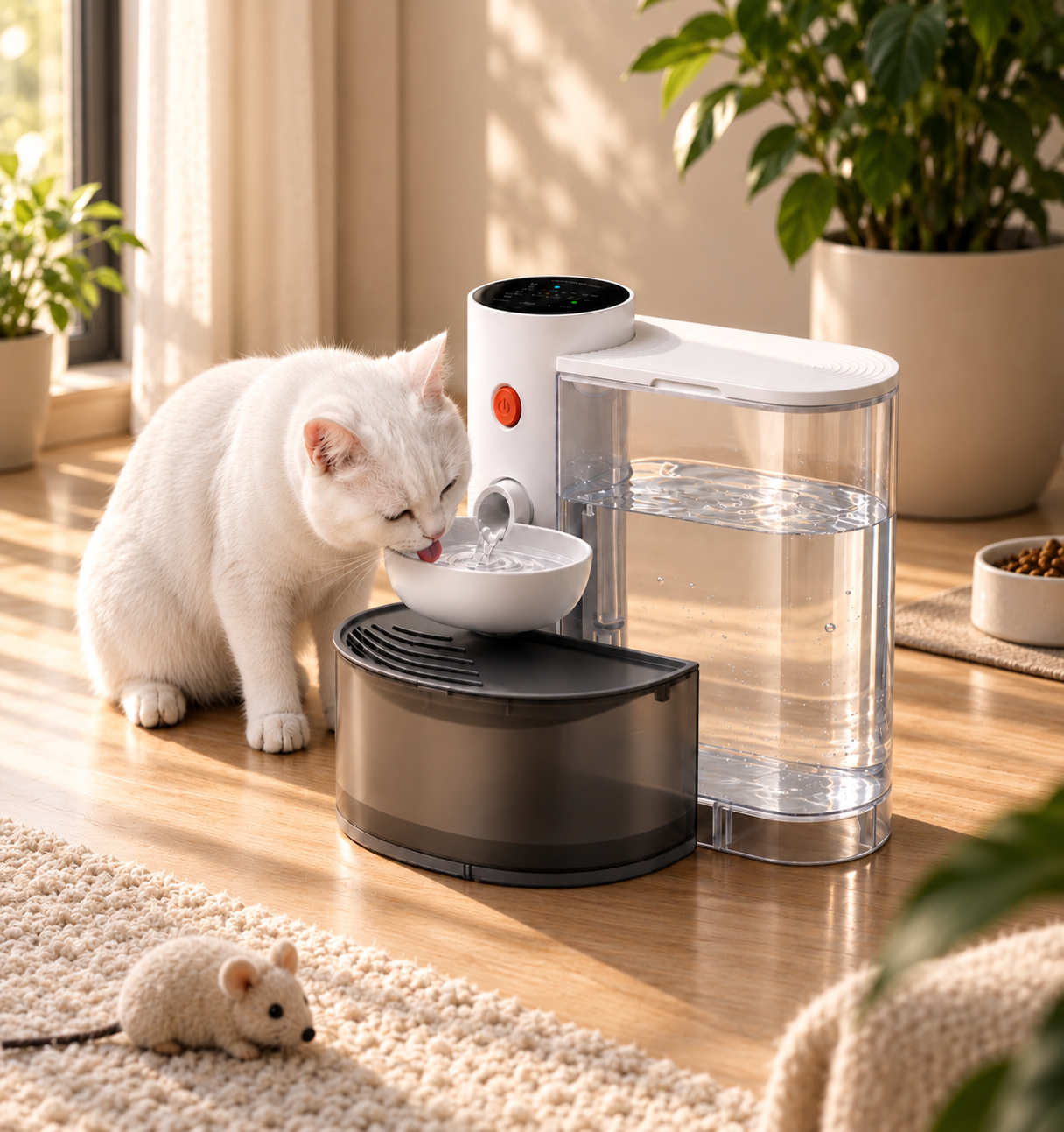 A cat drinking from the Morrowtail Flow Fountain