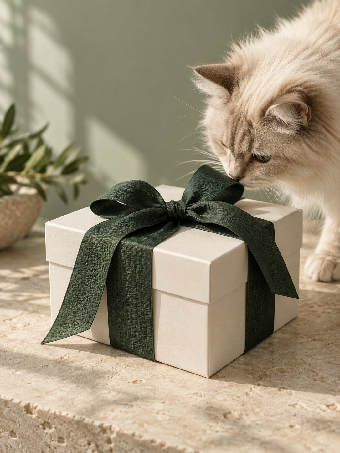 A cream cat exploring a gift box tied with a forest-green ribbon